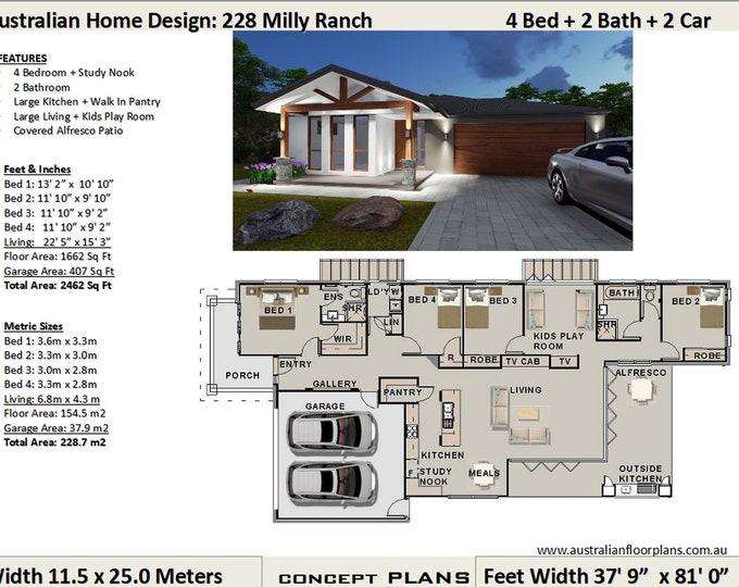 Modern Ranch House Plan 2462 Sq. Foot (228 m2) | 4 Bedroom house plan  | Concept House Plans 228 Milly Ranch For Sale