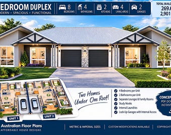 Op de afbeelding: Een architecturale weergave van een duplex met 8 slaapkamers, een wit metalen dak, donkergrijze gevelbekleding en twee garages. De afbeelding bevat een 3D-plattegrond, tekst met 269,6 m² ruimte en een lijst met kenmerken, waaronder 4 slaapkamers per unit.