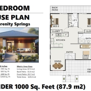 May include: A 2 bedroom house plan with a total area of 1358 square feet or 124 square meters. The plan shows a kitchen, dining room, living room, two bedrooms, a bathroom, and a laundry room. The house has a front patio, a back patio, and a ramp.