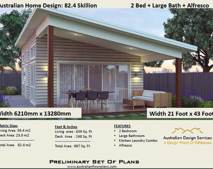 House Plans -2 Bed Small & Tiny Home-Living Area (59.4 m2) (639 Sq Foot), 2 Bedroom Granny Flat, Cheap-Under 1200 sq foot house plan