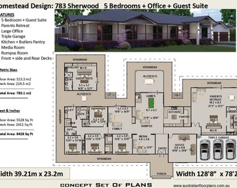 May include: Floor plan of a 5 bedroom house with a guest suite, parents retreat, large office, triple garage, kitchen, media room, rumpus room, and front, side, and rear decks. The house is 39.21 meters wide by 23.2 meters long. The floor plan is labeled with room names and dimensions in both metric and imperial units.