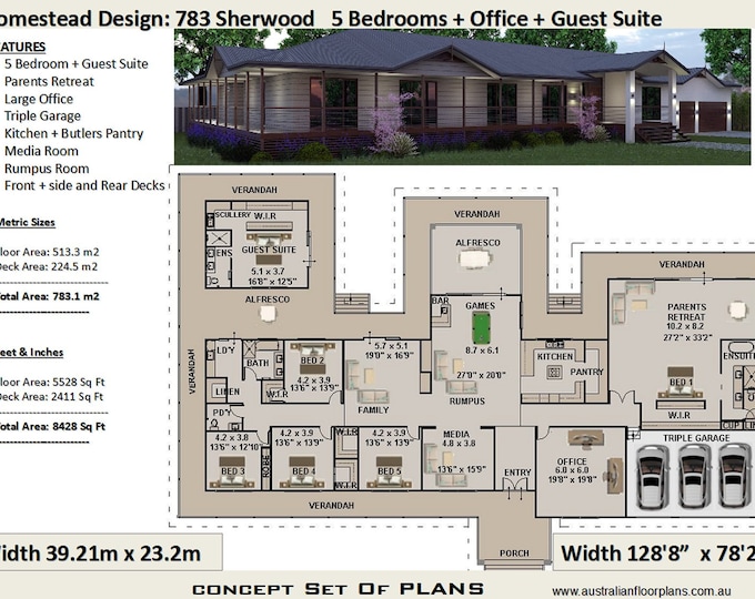 783 m2 | 8428 sq foot  | 6 Bedroom house plan 783 Sherwood  |  Concept House Plans For Sale | Country House Plans  | Farmhouse Home Plans