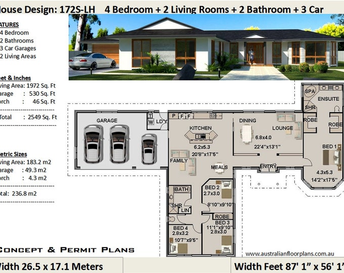 4 Bedroom House Plan, 2549 sq. feet or 236 m2 | 4 Bed home design, Large home design, 4 Bedroom + Triple Garage,Concept House Plans For Sale