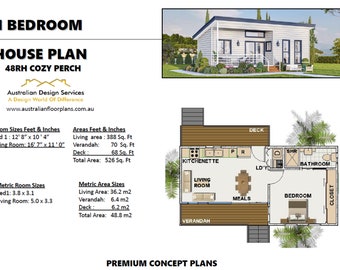 May include: Floor plan for a 1 bedroom house called "48RH Cozy Perch" with a living room, kitchen, bathroom, bedroom, and a verandah. The plan shows the dimensions of each room in both feet and inches and in meters.