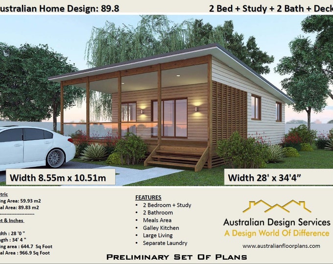 89.8 m2 or 966 sq foot - 2 Bedrooms + 2 bathroom Granny Flat - Australia and USA Concept Plans ( blueprints ) house plans, small house plans