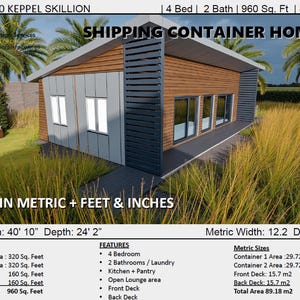 Build Plan#80 Keppel: Skillion Roof 40 Ft Shipping Container Home 4 Bed 2 Bath | Concept House Plans | Blueprints feet & Inches-Metric Sizes