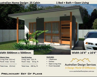 Small Cabin House Plan 25 Cabin - 25 m2 (269 Sq Foot)  1 Bedroom  Cabin | guest house plans |  small cabins plans | plans For Sale