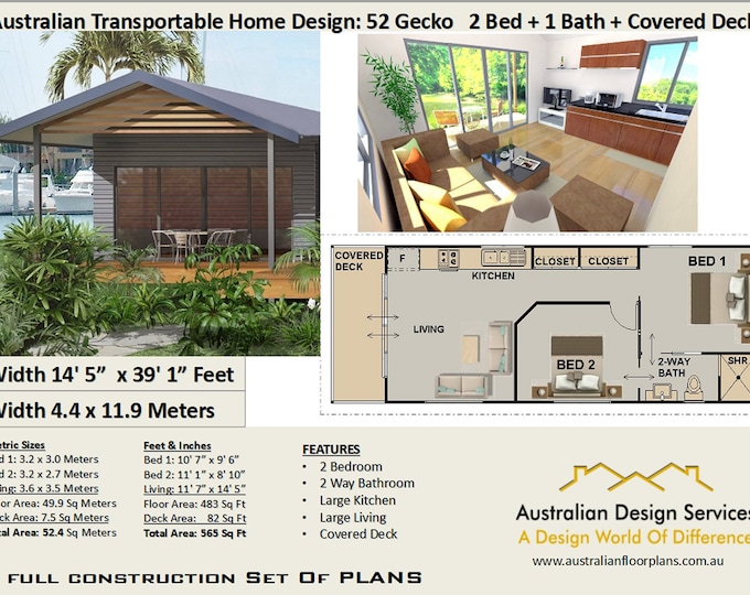 Construction Plans - Steel Frame Transportable 2 Bedroom House Plan  | 565 sq. feet or 52.4 m2 | 2 bed granny flat