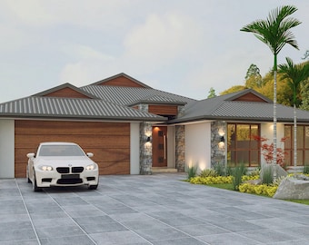 May include: A modern, single-story house with a gray roof, stone accents, and a wooden garage door. A white car is parked in the driveway.