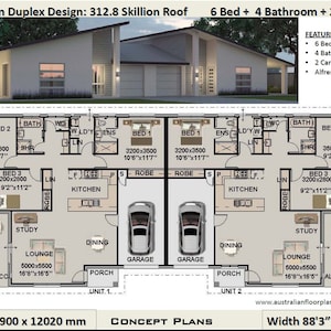 6 Bed 4 bath Skillion Roof duplex design | 312.8 m2  or 3366 Sq. Foot | 6 Bed duplex plans | 6 bed 4 bath duplex | duplex design Australia