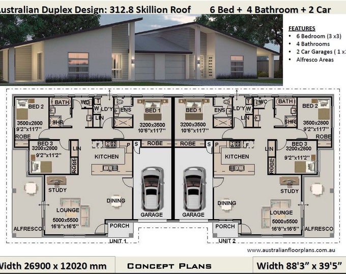 6 Bed 4 bath Skillion Roof duplex design | 312.8 m2  or 3366 Sq. Foot | 6 Bed duplex plans | 6 bed 4 bath duplex | duplex design Australia