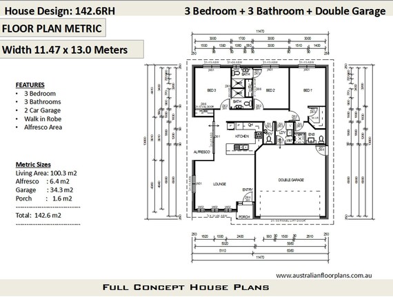 Three Bedroom Floor Plan With Measurements In Meters