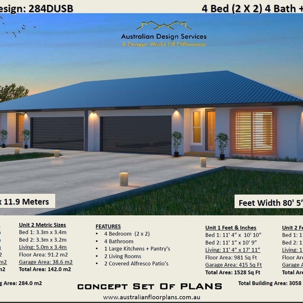 Modern Duplex house plans | 2 family home 284 m2 | 3058 sq. feet | 2 Family House Plans