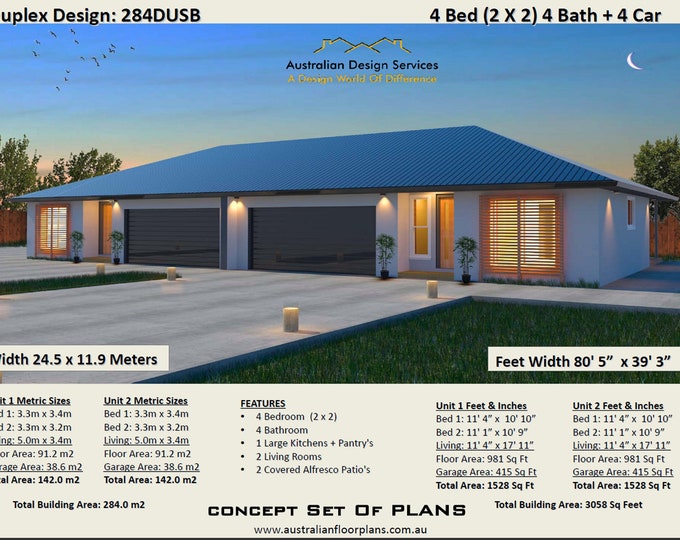 Modern Duplex house plans | 2 family home 284 m2 | 3058 sq. feet | 2 Family House Plans