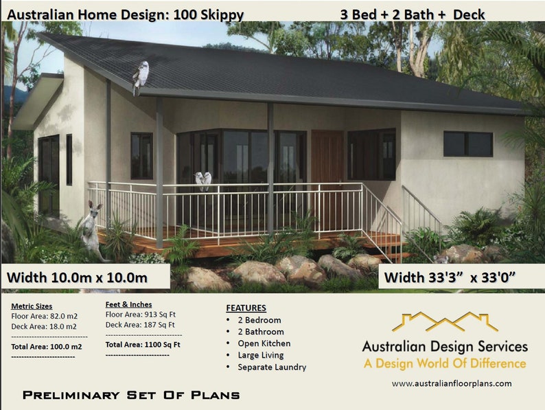 3 Bedroom Country Style House Plan Australia 1100 Sq. Foot Etsy