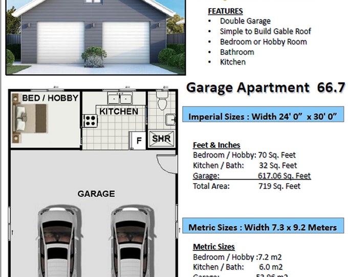 Double Garage & Apartment Plan - 2 Car Garage + Bedroom + Bath +  Kitchen | PDF Plan Instant Download - CONSTRUCTION PLANS For Sale