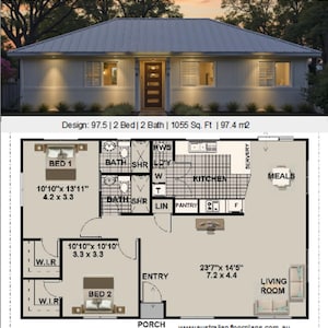 May include: Exterior and floor plan of a two-bedroom house. The house has a white exterior, a metal roof, and multiple windows. The floor plan shows the layout, including bedrooms, bathrooms, kitchen, and living room. The design is 1055 sq ft.