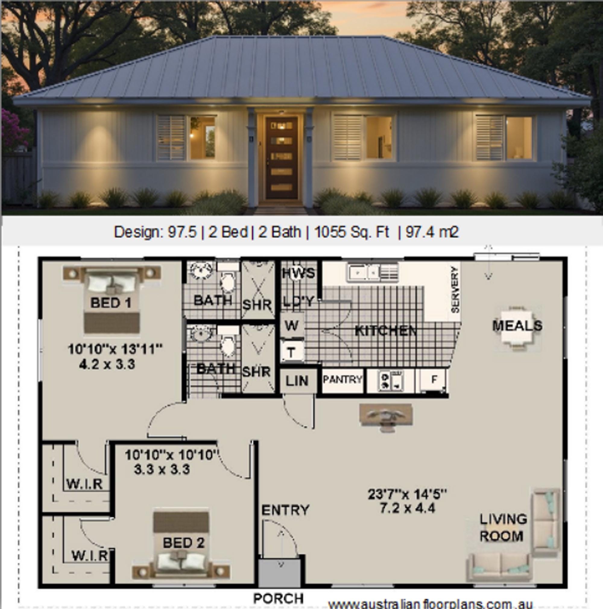 2 bedroom 2 bath house plans with laundry - Etsy België, image size:2000x2020