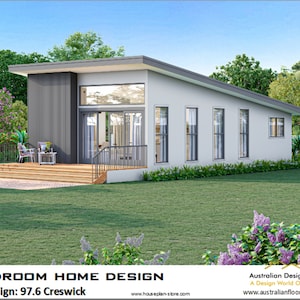 May include: A white two-bedroom home design with a gray roof and a wooden deck. The home has large windows and a modern design. Home Design: 97.6 Creswick www.houseplan-store.com