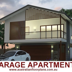 May include: A modern two-story house with a garage and a balcony. The house is painted white with brown accents. The garage door is brown wood. The balcony is made of glass and has a white railing. The house is set against a backdrop of a cloudy sky.