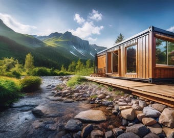May include: A wooden cabin with large windows sits on a wooden deck overlooking a stream in a mountainous landscape. The cabin is surrounded by lush green trees and a clear blue sky.
