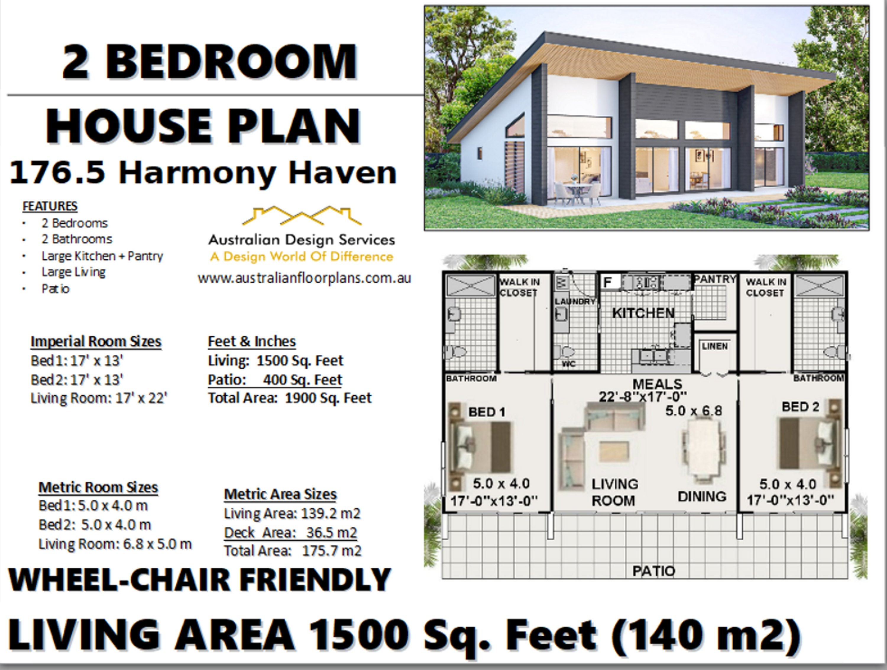 Modern 2 Bedroom House Plan / Small and Tiny House Plans / Etsy UK