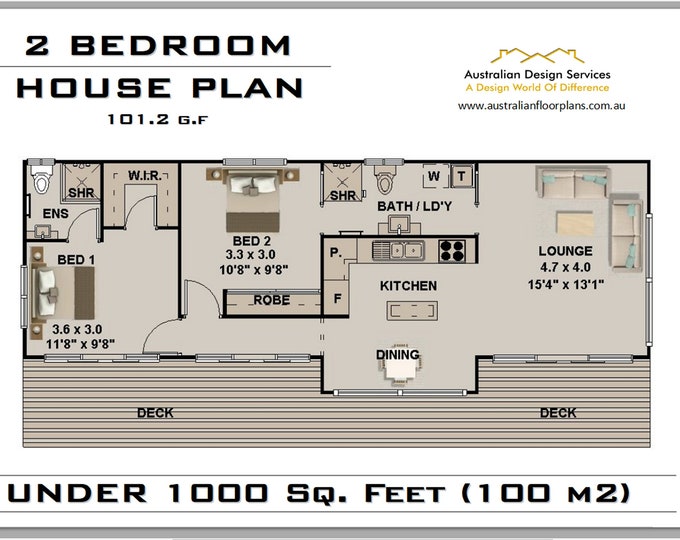 785.7 Sq. Ft or 101.2 m2 | 2 Bedroom house plan | 2 Bedroom Home Plan - Blueprints - Concept House Plans for Sale