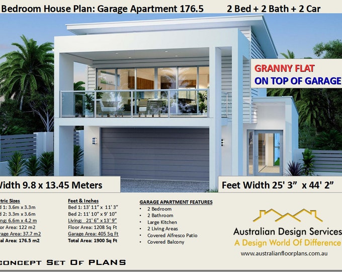 1900 sq foot  | 176.5 m2 |   2 Bedroom house plan 176.5 | Granny Flat on top of Garage - Concept House Plans For Sale