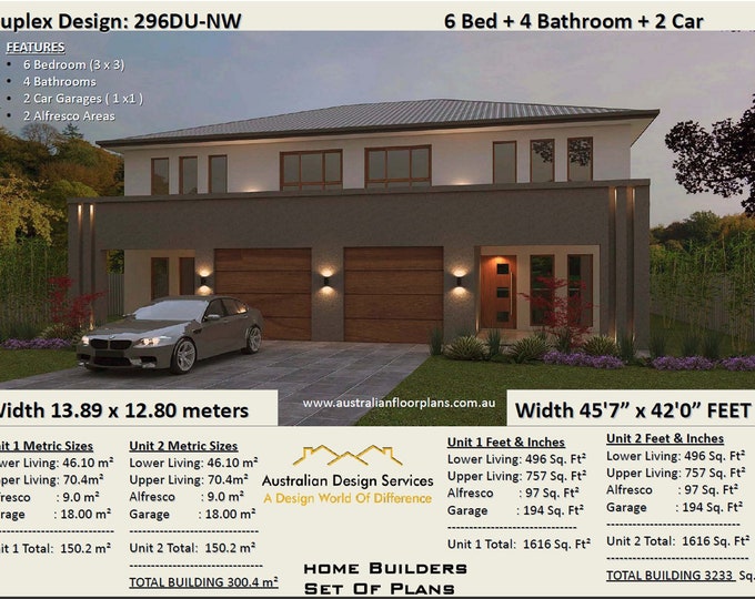 6 Bedroom Modern Duplex Plan house plan | 3233 Sq Foot  |  300 Sq Meters |  semi-detached house plan |  Multi Living Plans | Twin Home plans