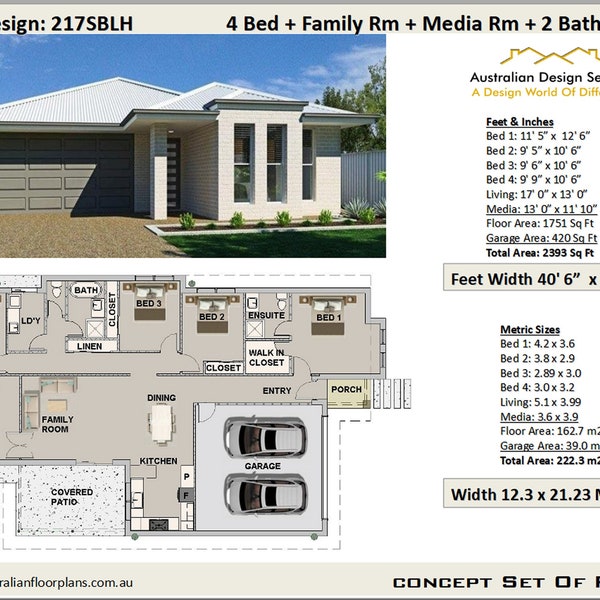 4 Bedroom house plans 1751 Sq. Foot (222.3 m2) Media Room + Lounge + 4 Bedroom |  4 bed brick house plans / Blueprint PDF