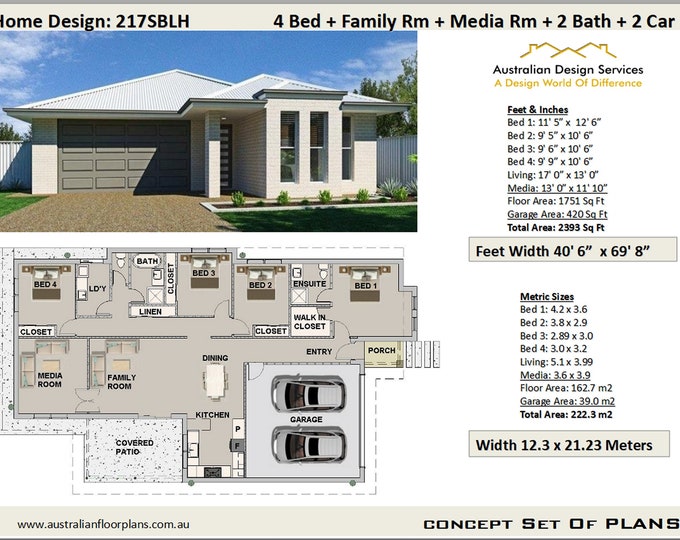 4 Bedroom house plans 1751 Sq. Foot (222.3 m2) Media Room + Lounge + 4 Bedroom |  4 bed brick house plans / Blueprint PDF