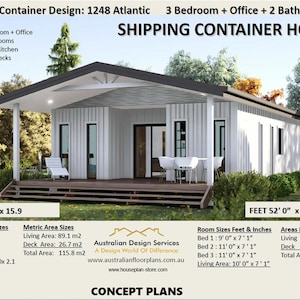 Bouwplan #1248 Atlantic: bestverkochte huisplannen voor zeecontainers 1000 SQ. VOET | Huisplannen Containerwoning | Containerwoning met 3 slaapkamers