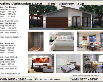 312.9m2  or 3368 Sq Foot | 5 Bedrooms Dual Key duplex design | 5 Bedrooms duplex plans | 5 bedroom duplex | skillion roof duplex house plans