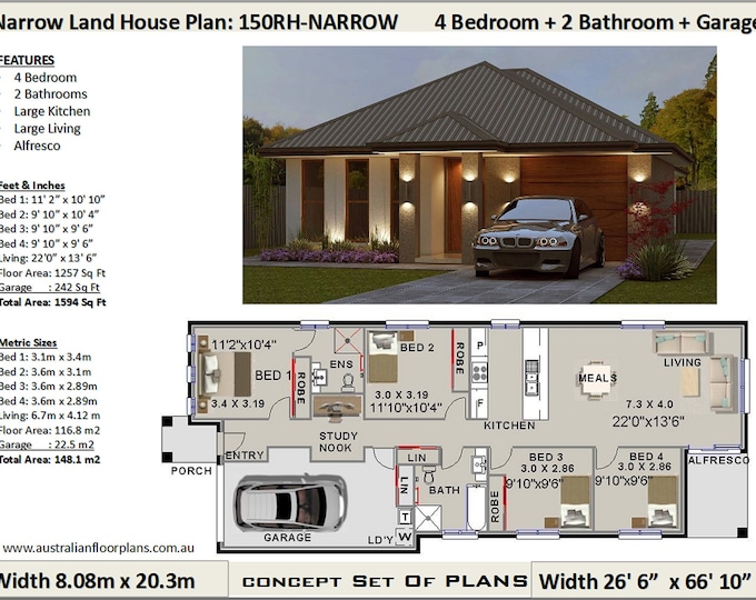 Narrow Lot 4 Bed house plans | Skinny 4 Bedroom design | 4bed floor plans | 4bed blueprints | 4 Bed Design | 148.1 m2 or 1594 Sq. Feet