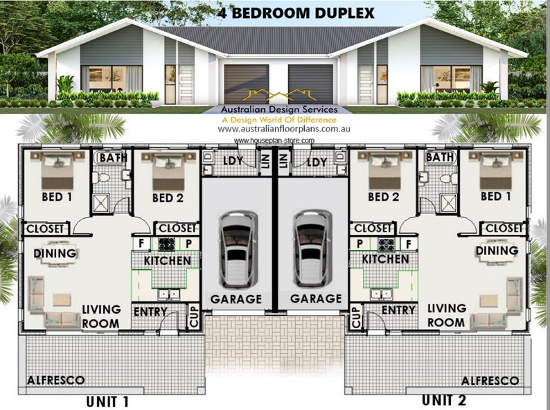 Multi Family Duplex House Plans/ 4 Bedroom Home/ Modern Duplex Etsy