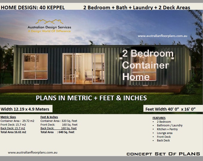 40 Foot 2 Bedroom Shipping Container Home Keppel | Concept House Plans | Blueprints USA  feet & Inches- Australian Metric Sizes- Sale