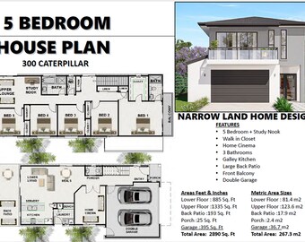 May include: A 5 bedroom house plan with a double garage, a large back patio, and a front balcony. The plan is labeled "300 Caterpillar" and features a study nook, home cinema, and galley kitchen. The house plan is designed for a narrow lot.