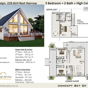 May include: A floor plan for a 3 bedroom, 2 bathroom home with a loft. The home has a total area of 229.6 square metres and includes a balcony, verandah, and high ceilings. The floor plan is labelled "Concept Set of Plans".