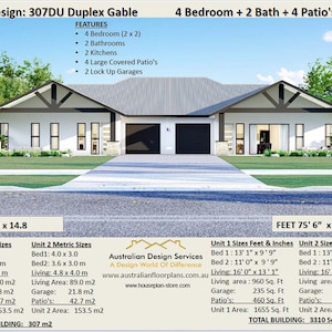 DUPLEX DESIGN -2 FAMILY -4 Bed 2 bath- Modern Gable Design | duplex house plans | duplex House Plans for Sale - Best Seller!