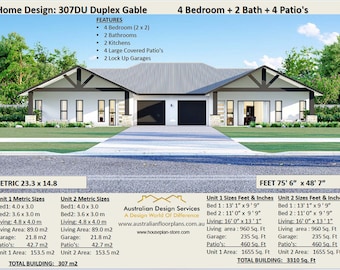 DUPLEX DESIGN -2 FAMILY -4 Bed 2 bath- Modern Gable Design | duplex house plans | duplex House Plans for Sale - Best Seller!