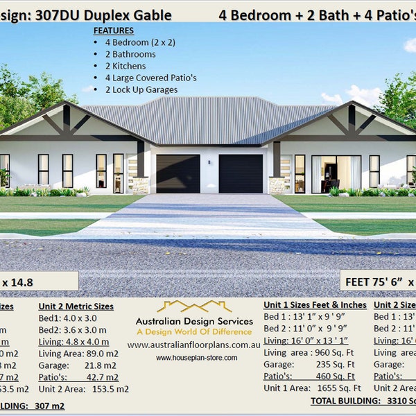 DUPLEX DESIGN -2 FAMILY -4 Bed 2 bath- Modern Gable Design | duplex house plans | duplex House Plans for Sale - Best Seller!