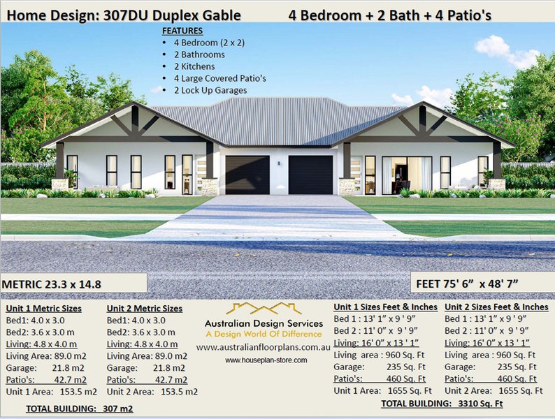 2 FAMILY DUPLEX4 Bed 2 Bath Modern Gable Design Duplex House Plans