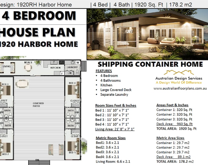 4 Bedroom 4 Bathroom Shipping Container Home | 3 Shipping Containers | House Plans | Blueprints USA feet & Inches | Metric Sizes | On Sale