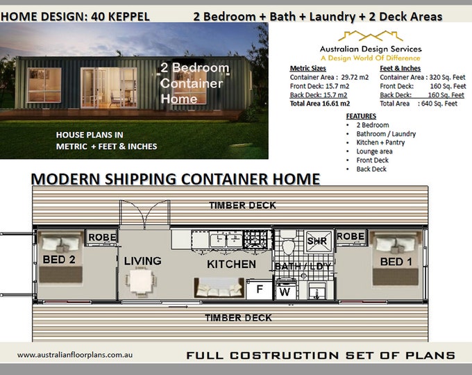 40 Foot 2 Bedroom Shipping Container Home Keppel | Construction House Plans | Blueprints USA  feet & Inches- Australian Metric Sizes- Sale