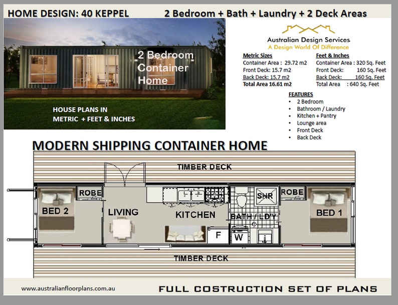 40 Foot 2 Bedroom Shipping Container Home Keppel Construction House Plans Blueprints USA feet & Inches Australian Metric Sizes Sale image 1