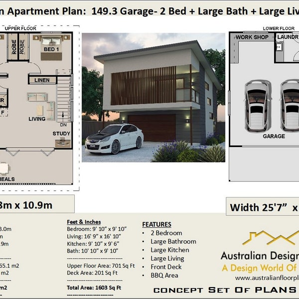 Planos de apartamento con garaje de 2 dormitorios no- 149,3 Área habitable 65,1 m2 / 701 pies cuadrados / Apartamento con garaje / cochera / Planos de casa Venta