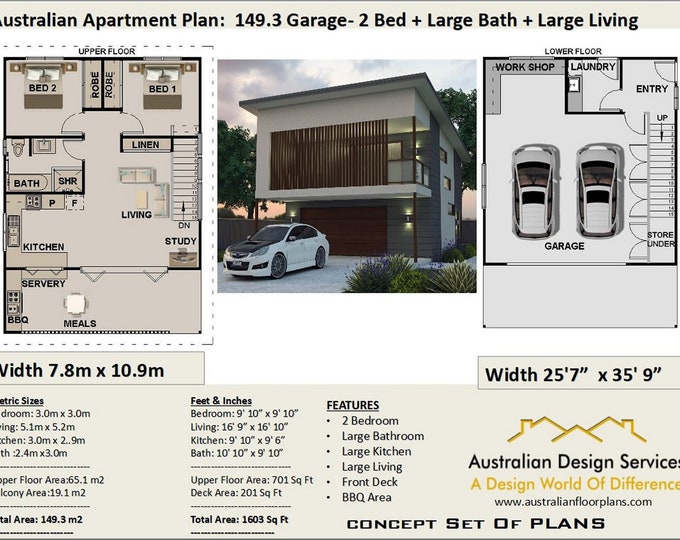 2 Bedroom garage apartment plans no- 149.3  Living Area 65.1 m2 |  701 sq foot  |  Garage Apartment  | carriage house |  House Plans  Sale