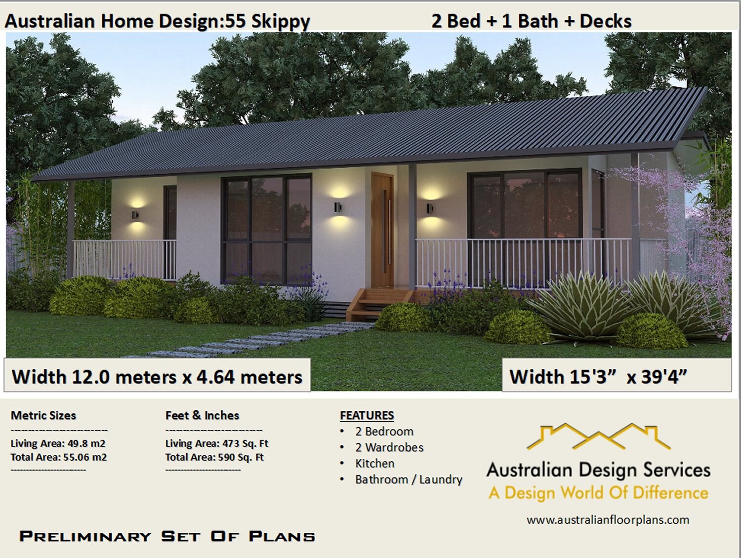 55 M2 Or 592 Sq Foot 2 Bedroom Small Home Design Homestead Etsy Australia