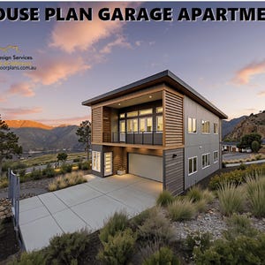 Garage Apartment / Granny Flat / Carriage House Plan 2 Bedroom + Office | 3 Bathrooms | Oversized Double Garage | Skillion-FR Roof
