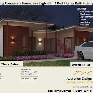 Build Plan#68 SE: 2 Bedroom Container Home | 3 Shipping Containers | Construction House Plans | Blueprints USA feet & Inches-Metric Sizes